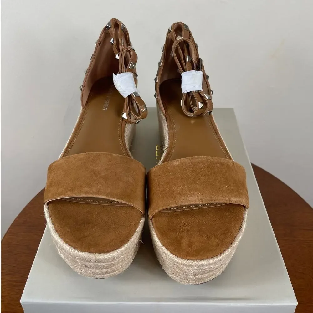 Marc Fisher Jazlyn Studded Espadrille Wedge Sandal Brown Suede Women's Size 8.5